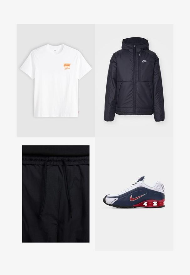 Chaqueta acolchada negra de Nike con cremallera frontal y capucha. Presenta un logo blanco en el lado izquierdo del pecho y dos bolsillos frontales. Textura exterior suave.; Camiseta de algodón blanca de manga corta y cuello redondo. Presenta el logo de Levi's California en color naranja en la zona del pecho izquierdo.; Pantalones cortos negros con cinturilla ajustable, tejido ligero con una textura suave y un diseño sencillo sin logotipos visibles ni patrones.; Zapatilla deportiva blanca y marino con acento rojo, paneles de malla, cuello acolchado y un diseño de suela distintivo que presenta unidades de amortiguación visibles.