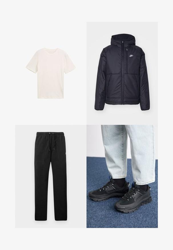 Zwarte, gewatteerde Nike-jas met een voorkant met ritssluiting en capuchon. Kenmerkt zich door een wit logo op de linkerborst en dubbele frontzakken. Gladde buitenkant.; Korte mouw, ronde hals T-shirt in off-white katoen. Heeft een ontspannen pasvorm met een soepele textuur en geen opvallende patronen of accenten.; Zwarte sweatpants van fleece, met een elastische tailleband met trekkoorden, twee voorzakken en een klein logo op de dij.; Zwarte sportschoenen met gestructureerde stof en rubberen zolen, met elastische veters en een blauwe accent op de hiel. Draag samen met lichte spijkerbroeken.