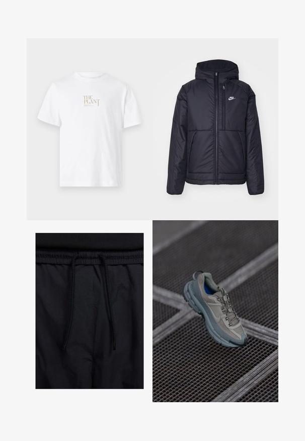 Sort, polstret Nike-jakke med frontlynlås og hætte. Har et hvidt logo på venstre bryst og to frontlommer. Glat ydre tekstur.; Hvid bomulds t-shirt med et guld "THE PLANT" logo trykt på forsiden. Korte ærmer og et klassisk rundhalsdesign.; Sorte shorts med snoretræk i taljen, letvægtsstof med en glat tekstur og et simpelt design uden synlige logoer eller mønstre.; Beige og grå sportsko med tekstureret mesh-overdel, rund tå og gummisål, med snørebånd og polstret krave.