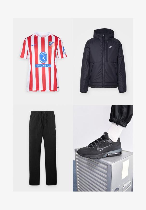 Černá zateplená bunda Nike s předním zipem a kapucí. Na levé straně hrudi má bílé logo a dvojité přední kapsy. Hladký povrch.; Červený a bílý pruhovaný fotbalový dres s kulatým výstřihem, logem Nike a modrým sponzorským logem. Obsahuje emblém na levé hrudi.; Černé teplákové kalhoty vyrobené z fleecu, s elastickým pasem a šňůrkami, dvěma předními kapsami a malým logem na stehně.; Nike Sportswear PULSE - Tenisky - black/anthracite