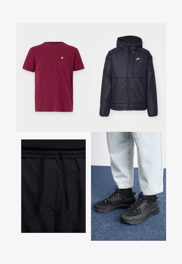 Czarna, pikowana kurtka Nike z przednim zamkiem błyskawicznym i kapturem. Posiada białe logo po lewej stronie klatki piersiowej oraz podwójne kieszenie z przodu. Gładka struktura zewnętrzna.; Burgundowa bawełniana koszulka z okrągłym dekoltem, krótkimi rękawami i kieszonką na lewej piersi. Posiada małą metkę z logo na kieszeni.; Czarne szorty z elastycznym paskiem na sznurku, lekkiego materiału o gładkiej fakturze oraz prostym wzornictwie bez widocznych logo czy wzorów.; Czarne buty sportowe z teksturowanej tkaniny i gumowymi podeszwami, z elastycznymi sznurówkami i niebieskim akcentem na pięcie. Noszone z jasnymi dżinsami.