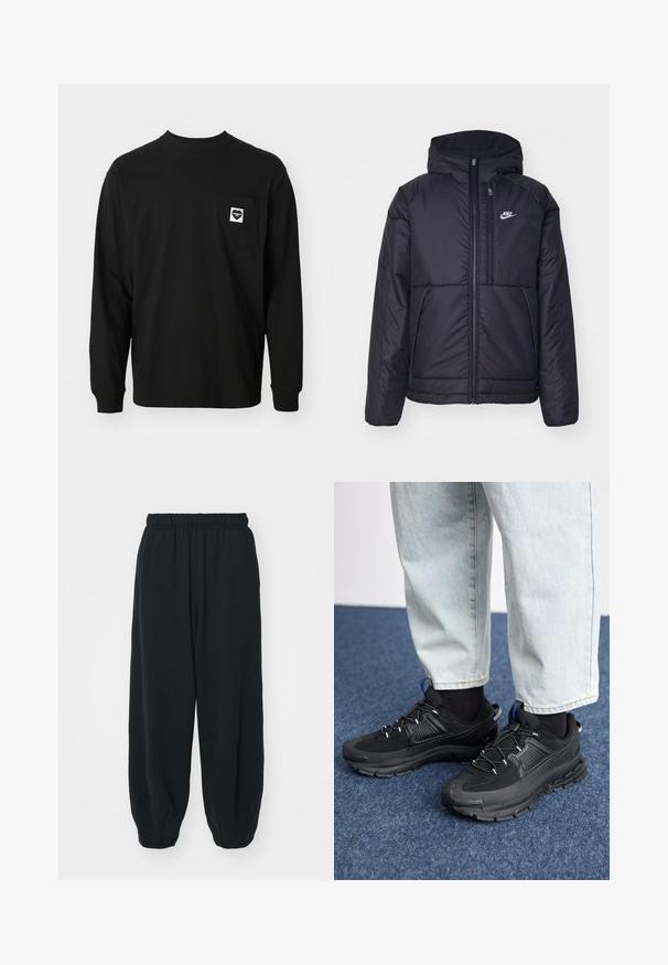 Schwarze, gepolsterte Nike-Jacke mit Frontreißverschluss und Kapuze. Hat ein weißes Logo auf der linken Brust und zwei Fronttaschen. Glattes äußeres Material.; Schwarzes Langarm-T-Shirt aus Baumwolle mit Rundhalsausschnitt und einer Brusttasche, die ein Herzlogo und einen Text zeigt.; Schwarze Sweatpants mit elastischem Bund, lockerer Passform, gerippten Beinabschlüssen, glatter Textur und ohne sichtbare Muster oder Hardware-Akzente.; Schwarze Sportschuhe aus strukturiertem Stoff mit Gummisohlen, ausgestattet mit elastischen Schnürsenkeln und einem blauen Akzent an der Ferse. Getragen mit hellen Jeans.