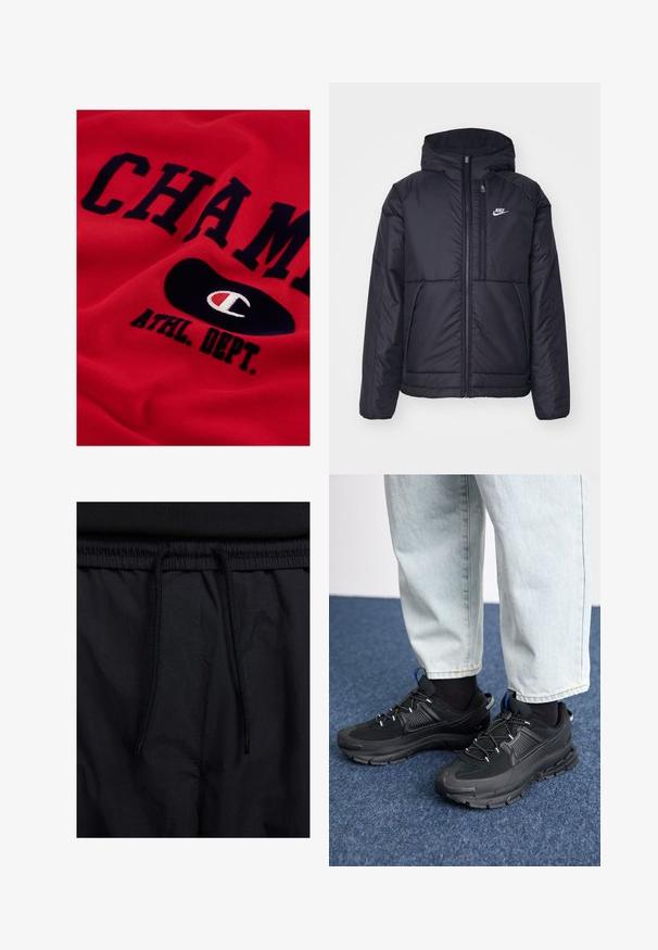 Chaqueta acolchada negra de Nike con cremallera frontal y capucha. Presenta un logo blanco en el lado izquierdo del pecho y dos bolsillos frontales. Textura exterior suave.; Sudadera de algodón roja con gran texto en azul marino que dice "CHAMP" y "ATHL. DEPT." con un logotipo ovalado negro que contiene un emblema en blanco y rojo.; Pantalones cortos negros con cinturilla ajustable, tejido ligero con una textura suave y un diseño sencillo sin logotipos visibles ni patrones.; Zapatillas deportivas negras con tejido texturizado y suelas de goma, con cordones elásticos y un acento azul en el talón. Combinadas con pantalones de mezclilla claros.