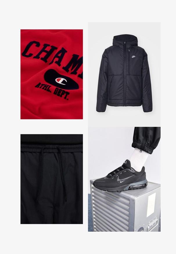 Zwarte, gewatteerde Nike-jas met een voorkant met ritssluiting en capuchon. Kenmerkt zich door een wit logo op de linkerborst en dubbele frontzakken. Gladde buitenkant.; Rode katoenen sweatshirt met grote marineblauwe tekst "CHAMP" en "ATHL. DEPT." en een zwart ovaal logo met een wit en rood embleem.; Zwarte shorts met een drawstring tailleband, lichtgewicht stof met een zachte textuur en een eenvoudig ontwerp zonder zichtbare logo's of patronen.; Nike Sportswear PULSE - Sneakers laag - black/anthracite