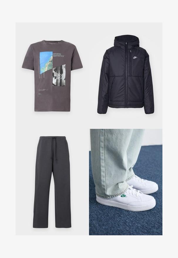 Fekete, párnázott Nike dzseki elülső cipzárral és kapucnival. A bal mellen fehér logó található, valamint két elülső zseb. Simának tűnő külső felület.; Szürke pamut póló, amely kék és fekete geometriai formákkal és szöveggel ellátott grafikai nyomattal rendelkezik, rövid ujjú és kerek nyakkivágású.; Szürke melegítőnadrág, húzózsinóros derékrésszel, puha anyagból. Széles szárú kivitel oldalsó varratokkal, minimális díszítéssel és látható minta nélkül.; Fehér bőr sportcipők zöld Nike logóval, kerek orral, lapos talppal, világoskék farmernadrággal párosítva, kék szőnyegen bemutatva.