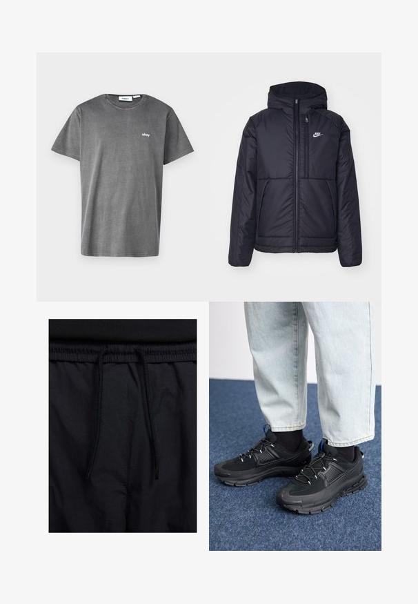Svart, polstret Nike-jakke med frontglidelås og hette. Har en hvit logo på venstre bryst og doble frontlommer. Glatt ytterside.; Grå bomulls t-skjorte med korte ermer, rund hals og en liten hvit "obey" logo på brystet. Glatt tekstur, uformell design.; Sorte shorts med snor i livet, lett stoff med en jevn tekstur, og et enkelt design uten synlige logoer eller mønstre.; Svarte sportssko med teksturert stoff og gummisåler, med elastiske lisser og en blå detalj på hælen. Brukt med lyse denimbukser.