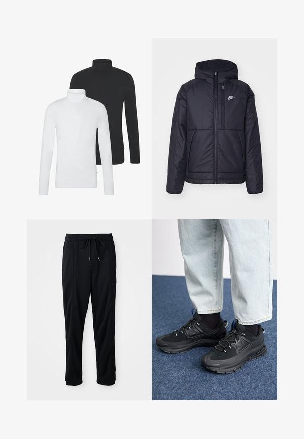 Svart, polstret Nike-jakke med frontglidelås og hette. Har en hvit logo på venstre bryst og doble frontlommer. Glatt ytterside.; To turtleneck genser med lange ermer: en i hvit, en i svart. Begge har et mykt bomullsmateriale og en tettsittende design.; Svarte casual bukser med strikk i livet, sidelommer og rett bein på en ensfarget bakgrunn.; Svarte sportssko med teksturert stoff og gummisåler, med elastiske lisser og en blå detalj på hælen. Brukt med lyse denimbukser.