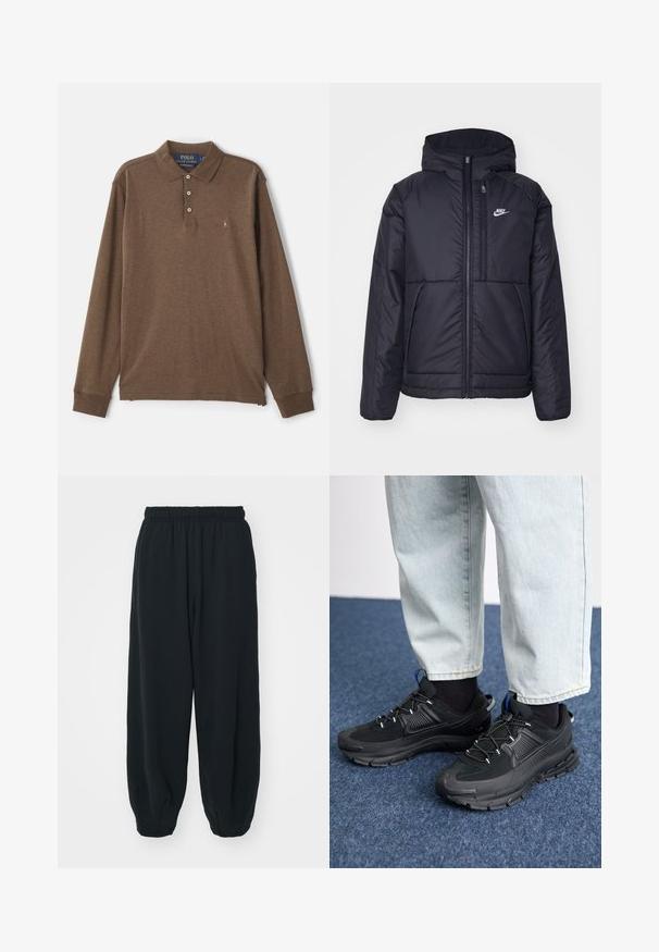 Casaco Nike preto, acolchoado, com fecho à frente e capuz. Apresenta um logo branco no lado esquerdo do peito e dois bolsos frontais. Textura exterior lisa.; Camisa polo de manga longa castanha, feita de algodão suave, com colarinho clássico, tapa de três botões e um pequeno logótipo bordado.; Calças de fato de treino pretas, com cintura elástica e um corte solto, com punhos nas pernas, textura suave e sem padrões visíveis ou detalhes de metal.; Sapatilhas desportivas pretas com tecido texturizado e solas em borracha, apresentando atacadores elásticos e um detalhe azul no calcanhar. Usadas com calças de ganga claras.