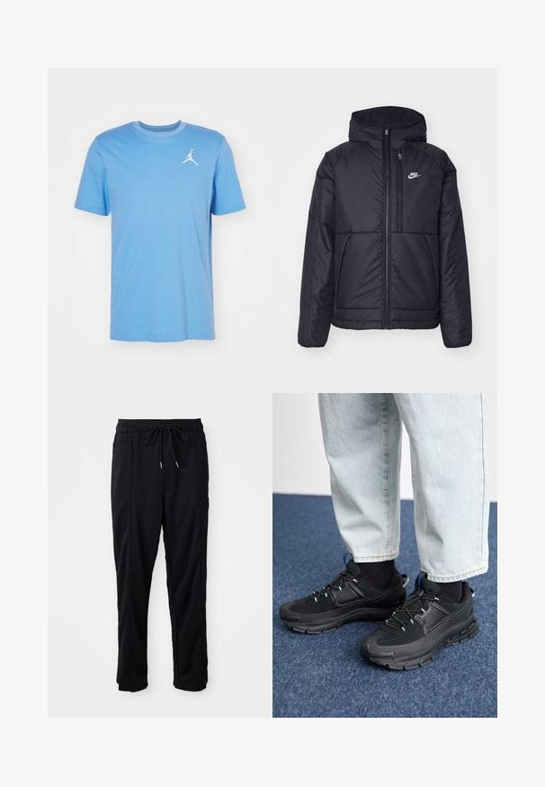 Jachetă Nike neagră, căptușită, cu fermoar pe față și glugă. Prezintă un logo alb pe pieptul stâng și două buzunare frontale. Textură exterioară netedă.; Jordan JUMPMAN CREW - Tricou basic - legend blue/white; Pantaloni casual negri cu șnur la talie, cu buzunare laterale și croială dreaptă, pe un fundal simplu.; Pantofi sport negri, cu țesătură texturată și tălpi din cauciuc, având șireturi elastice și un accent albastru pe toc. Purtați cu pantaloni din denim deschis.