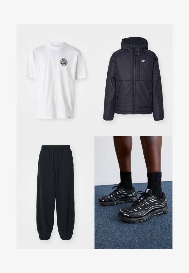 Svart, polstret Nike-jakke med frontglidelås og hette. Har en hvit logo på venstre bryst og doble frontlommer. Glatt ytterside.; Hvit bomulls t-skjorte med et rundt logo på brystet. O-hals, korte ermer, avslappet passform, med røde og svarte detaljer.; Sorte, joggebukser med elastisk liv, løs passform, mansjetter på ankler, glatt tekstur og uten synlige mønstre eller hardware-detaljer.; Sorte Nike-sko har en mesh-overdel med aksentstriper, teksturert snøring og en svart gummisåle. Brukt med svarte ribbede sokker.