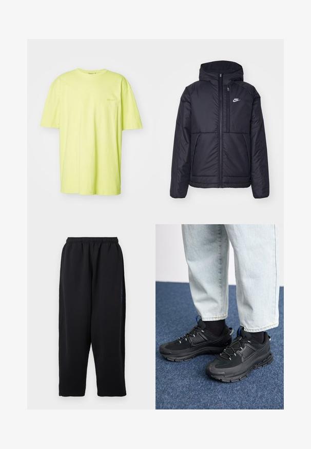 Veste Nike noire rembourrée avec une fermeture éclair sur le devant et une capuche. Elle présente un logo blanc sur la poitrine gauche et deux poches avant. Texture extérieure lisse.; T-shirt à manches courtes en coton jaune vif, avec un col rond et un logo subtil sur la poitrine gauche. Texture lisse, coupe décontractée.; Pantalon de survêtement noir en tissu doux, doté d'une taille élastique, de jambes larges et de poches latérales avec des accents bleus subtils.; Des chaussures de sport noires avec un tissu texturé et des semelles en caoutchouc, dotées de lacets élastiques et d'un accent bleu au talon. Portées avec un pantalon en denim clair.