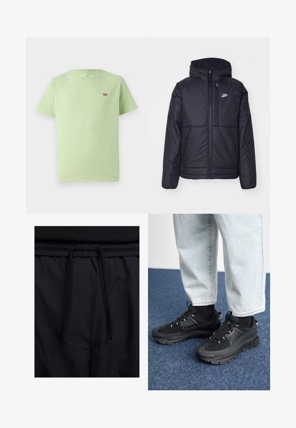 Čierna, polstrovaná bunda Nike so zipsom vpredu a kapucňou. Na ľavej strane hrude sa nachádza biele logo a sú tu dva predné vrecká. Hladký vonkajší povrch.; Svetlozelené bavlnené tričko s okrúhlym výstrihom, krátkymi rukávmi a malým červeným logom Levi's vyšitým na hornej ľavej strane hrude. Mäkka textúra.; Čierne šortky s pásom na stiahnutie, z ľahkej látky s hladkou textúrou a jednoduchým dizajnom bez viditeľných log alebo vzorov.; Čierne športové topánky s textúrovanou tkaninou a gumovou podrážkou, so elastickými šnúrkami a modrým akcentom na päte. Nosia sa s svetlými riflami.