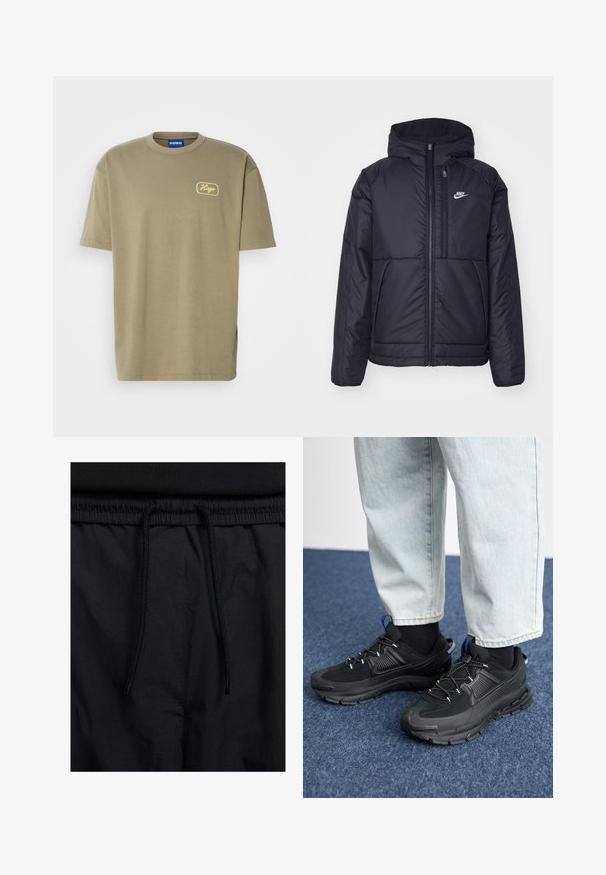 Black, padded Nike jacket with a front zipper and hood. Features a white logo on the left chest and dual front pockets. Smooth exterior texture.; Olive green T-shirt made of cotton, featuring a round neck and short sleeves, with a yellow embroidered "Hugo" logo on the left chest.; Black shorts featuring a drawstring waistband, lightweight fabric with a smooth texture, and a simple design without visible logos or patterns.; Black athletic shoes with textured fabric and rubber soles, featuring elastic laces and a blue accent on the heel. Worn with light denim pants.