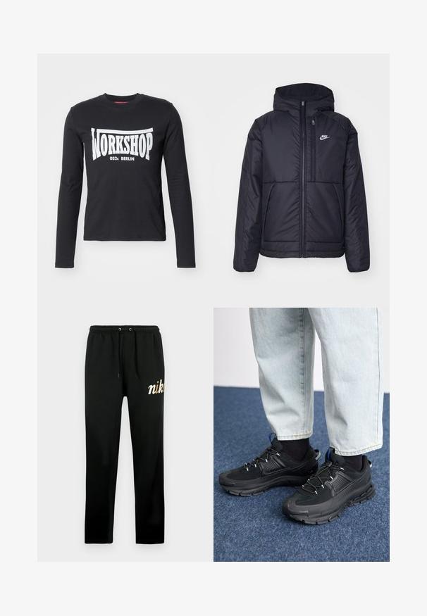 Crna Nike jakna s podstavom, dugmadi sprijeda i kapuljačom. Ima bijeli logotip na lijevoj strani prsnog koša i dva prednja džepa. Glatka vanjska tekstura.; Crna dugoruka majica od pamuka, s velikim bijelim grafičkim natpisom "WORKSHOP 032c BERLIN" na prednjoj strani. Glatka tekstura, okrugli izrez na vratu.; Crne trenirka hlače od mekanog tkanina, s elastičnim pojasom s vezicama, suženih nogavica i zlatno izvezenim logom "nike".; Crne atletske cipele s teksturiranom tkaninom i gumene potplate, s elastičnim vezicama i plavim akcentom na peti. Nosene su s svijetlim trapericama.