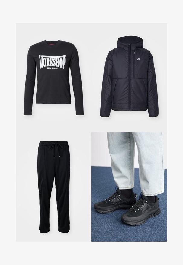 Črna, podložena Nike jakna z sprednjim zadrgo in kapuco. Ima bel logo na levem prsnem delu in dvojna sprednja žepa. Gladka zunanja tekstura.; Črna majica z dolgimi rokavi iz bombaža, z velikim belim grafičnim napisom "WORKSHOP 032c BERLIN" spredaj. Gladka tekstura, krojen ovratnik.; Črne casual hlače z vrvico v pasu, s stranskimi žepi in ravnim rezom na enobarvni podlagi.; Črne športne čevlje z teksturirano tkanino in gumijastimi podplati, ki imajo elastične vezalke ter modre poudarke na peti. Nosi se z lahkimi denim hlačami.