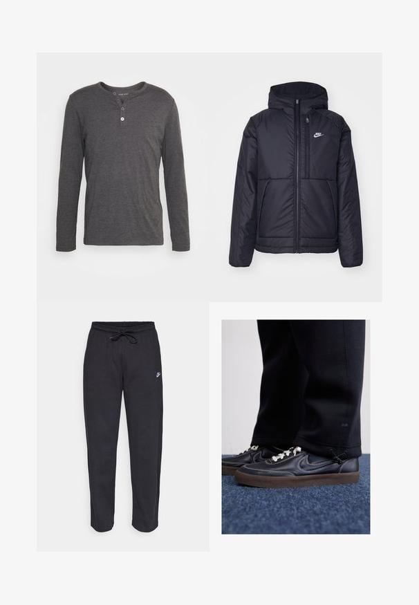 Juodas, paminkštintas Nike džemperis su priekyje užtrauktuku ir gobtuvu. Pasižymi balta logo kairėje krūtinės pusėje ir dviem priekinėmis kišenėmis. Su lygiu išoriniu paviršiumi.; Ilgų rankovių, tamsiai pilkas henley marškinėliai, pagaminti iš minkštos medžiagos, su apvaliu iškirpimu, trimis mygtukais ir įprastu siluetu.; Juodos sportinės kelnės, pagamintos iš minkštos medžiagos, su elastinga juostele, raišteliu ir mažuoju Nike logotipu kairiajame šlaunyje.; Nike Sportswear KILLSHOT 2 LTR PRM OPP2 - Sportbačiai - black sail baroque brown mtlc dk grey
