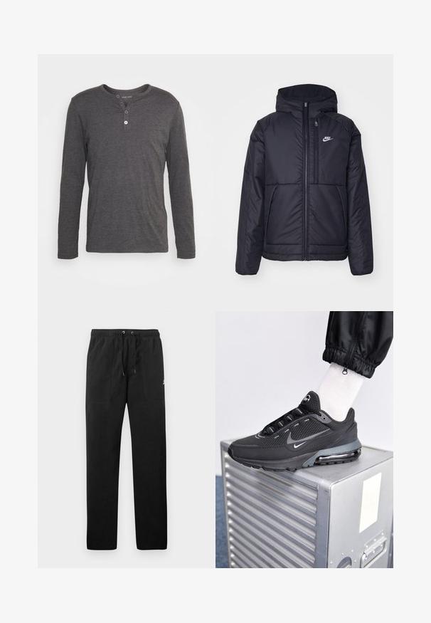 Schwarze, gepolsterte Nike-Jacke mit Frontreißverschluss und Kapuze. Hat ein weißes Logo auf der linken Brust und zwei Fronttaschen. Glattes äußeres Material.; Langärmliges, dunkelgraues Henley-Shirt aus weichem Stoff, mit rundem Ausschnitt, drei Knöpfen und normaler Passform.; Schwarze Sweatpants aus Fleece, mit einem elastischen Bund mit Kordelzug, zwei Fronttaschen und einem kleinen Logo auf dem Oberschenkel.; Nike Sportswear PULSE - Sneaker low - black/anthracite