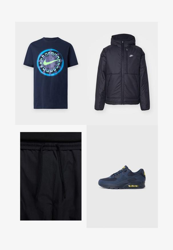 Casaco Nike preto, acolchoado, com fecho à frente e capuz. Apresenta um logo branco no lado esquerdo do peito e dois bolsos frontais. Textura exterior lisa.; T-shirt de algodão azul-marinho com um gráfico circular em destaque, com detalhes em verde néon e roxo, incluindo um logo da Nike em destaque no centro.; Calções pretos com um cós elástico ajustável, fabricados em tecido leve com uma textura suave e um design simples, sem logótipos ou padrões visíveis.; Tenis Nike Air Max azul marinho com parte superior em camurça e malha, com detalhes amarelos, fecho de atacadores na frente e amortecimento visível na sola.