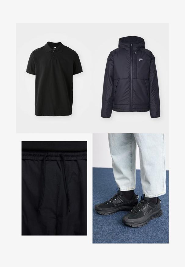 Svart, polstret Nike-jakke med frontglidelås og hette. Har en hvit logo på venstre bryst og doble frontlommer. Glatt ytterside.; Svart polo skjorte laget av bomull, med klassisk krage, korte ermer og en subtil, mørk logo på brystet. Jevn tekstur.; Sorte shorts med snor i livet, lett stoff med en jevn tekstur, og et enkelt design uten synlige logoer eller mønstre.; Svarte sportssko med teksturert stoff og gummisåler, med elastiske lisser og en blå detalj på hælen. Brukt med lyse denimbukser.