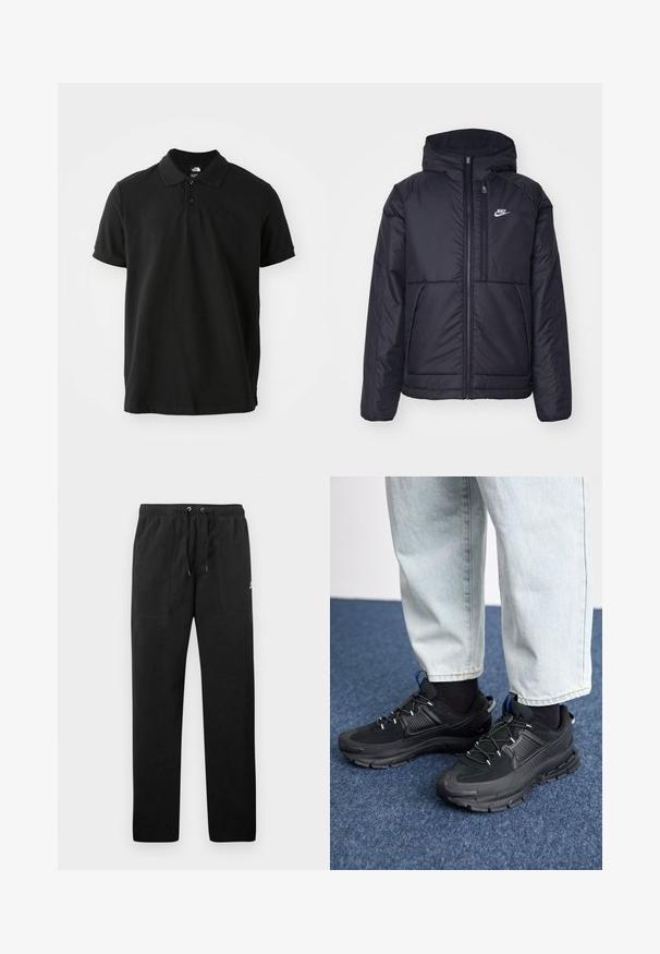 Casaco Nike preto, acolchoado, com fecho à frente e capuz. Apresenta um logo branco no lado esquerdo do peito e dois bolsos frontais. Textura exterior lisa.; Camisa polo preta feita de algodão, com colarinho clássico, mangas curtas e um logótipo escuro e subtil no peito. Textura lisa.; Calças de fato de treino pretas feitas de polar, com uma cintura elástica e cordões, dois bolsos frontais e um pequeno logótipo na coxa.; Sapatilhas desportivas pretas com tecido texturizado e solas em borracha, apresentando atacadores elásticos e um detalhe azul no calcanhar. Usadas com calças de ganga claras.