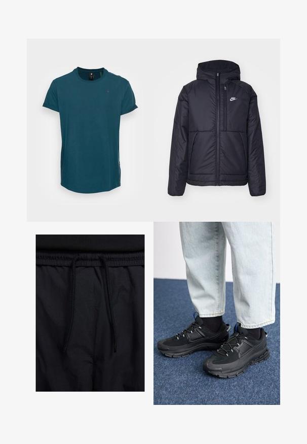 Casaco Nike preto, acolchoado, com fecho à frente e capuz. Apresenta um logo branco no lado esquerdo do peito e dois bolsos frontais. Textura exterior lisa.; G-STAR LASH - T-shirt básica - compact o peach midnight blue; Calções pretos com um cós elástico ajustável, fabricados em tecido leve com uma textura suave e um design simples, sem logótipos ou padrões visíveis.; Sapatilhas desportivas pretas com tecido texturizado e solas em borracha, apresentando atacadores elásticos e um detalhe azul no calcanhar. Usadas com calças de ganga claras.