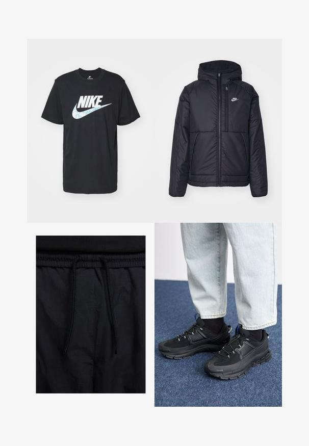 Sort, polstret Nike-jakke med frontlynlås og hætte. Har et hvidt logo på venstre bryst og to frontlommer. Glat ydre tekstur.; Nike Sportswear TEE FUTURA - T-shirts print - black; Sorte shorts med snoretræk i taljen, letvægtsstof med en glat tekstur og et simpelt design uden synlige logoer eller mønstre.; Sorte træningssko med tekstureret stof og gummisåler, udstyret med elastiske snørebånd og en blå detalje på hælen. Bæres med lyse denimbukser.