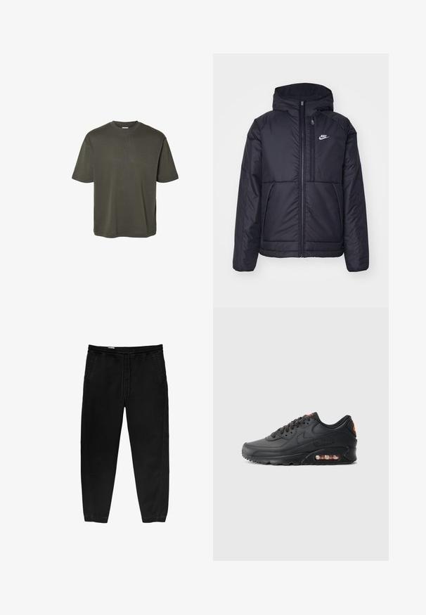 Fekete, párnázott Nike dzseki elülső cipzárral és kapucnival. A bal mellen fehér logó található, valamint két elülső zseb. Simának tűnő külső felület.; Khaki zöld, rövid ujjú póló, puha pamutból készült. Jellemzője a kerek nyak, laza fazon és nincsenek látható minták vagy díszítések.; Fekete, rugalmas derékpántos nadrág, zsinóros megkötéssel, tapered lábakkal, oldalsó zsebekkel és diszkrét oldalsó varrási részletekkel. Puha pamut anyagtextúra.; Nike Air Max 90 sportcipő, fekete szintetikus felsőrésszel, texturált felülettel, fűzős elejével, látható air egységgel és narancssárga logóval.
