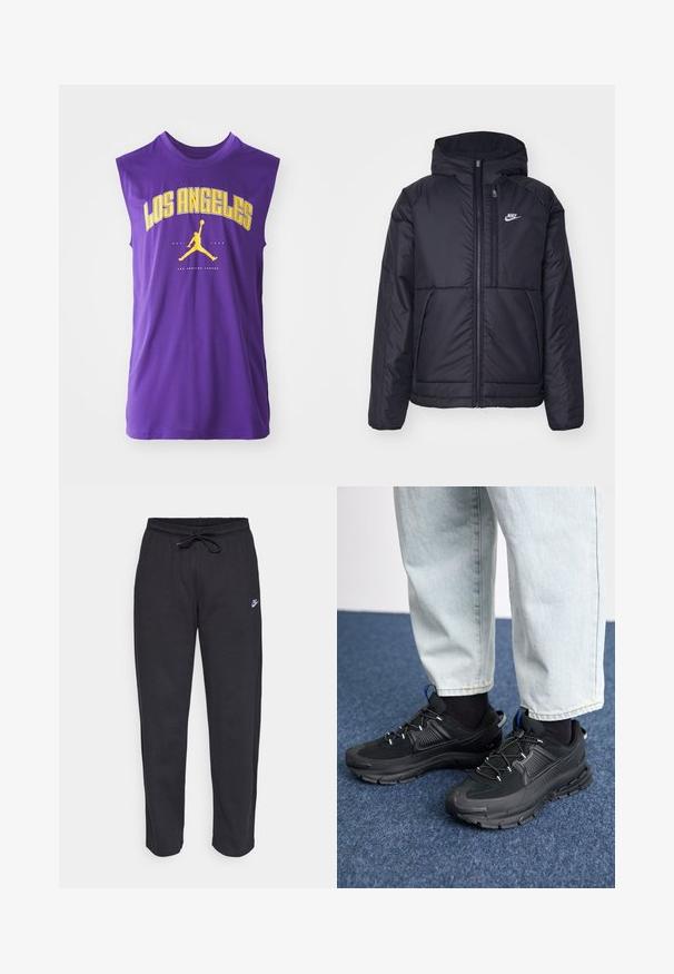 Svart, polstret Nike-jakke med frontglidelås og hette. Har en hvit logo på venstre bryst og doble frontlommer. Glatt ytterside.; Lilla ermeløs skjorte med "LOS ANGELES" i store gule bokstaver, en svart Jordan-logo, og en glatt, lett stofftekstur.; Sorte sweatpants laget av mykt stoff med elastisk midjebånd, snøring og en liten Nike-logo på venstre lår.; Svarte sportssko med teksturert stoff og gummisåler, med elastiske lisser og en blå detalj på hælen. Brukt med lyse denimbukser.
