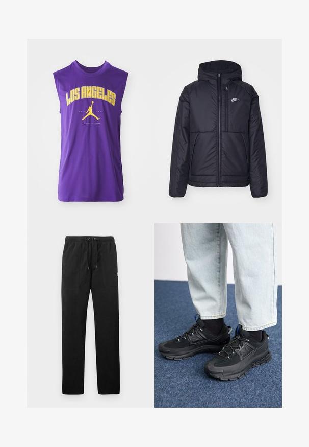 Crna Nike jakna s podstavom, dugmadi sprijeda i kapuljačom. Ima bijeli logotip na lijevoj strani prsnog koša i dva prednja džepa. Glatka vanjska tekstura.; Ljubičasta majica bez rukava s natpisom "LOS ANGELES" velikim žutim slovima, crnim Jordan logotipom i glatkom, laganom tkaninom.; Crne trenirke od flisa, s elastičnim pojasom i vezicama, dva prednja džepa i mali logo na butini.; Crne atletske cipele s teksturiranom tkaninom i gumene potplate, s elastičnim vezicama i plavim akcentom na peti. Nosene su s svijetlim trapericama.