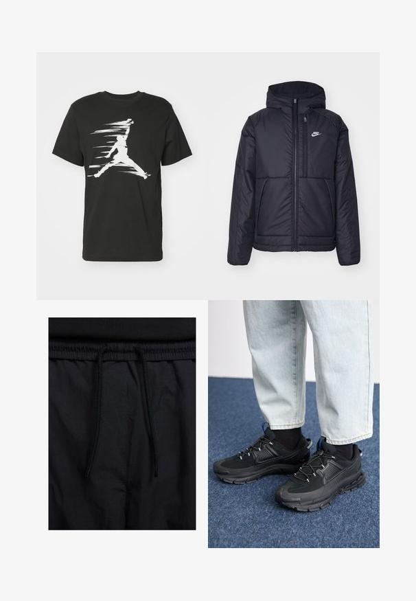 Melna, pufota Nike jaka ar priekšējo rāvējslēdzēju un kapuci. Iezīmēta ar baltu logotipu uz kreisās krūtis un divām priekšējām kabatām. Gluda ārējā tekstūra.; Jordan CREW - Apdrukāts T-krekls - black/sail; Melni šorti ar sašūtu jostu, viegls audums ar gludu tekstūru un vienkāršs dizains bez redzamiem logotipiem vai paraugiem.; Melni sporta apavi ar strukturētu audumu un gumijas zoli, ar elastīgām auklām un zilu akcentu uz papēža. Nēsāti ar gaišām džinsu biksēm.