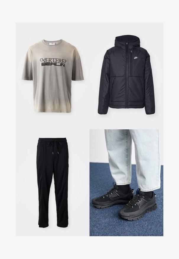 Juodas, paminkštintas Nike džemperis su priekyje užtrauktuku ir gobtuvu. Pasižymi balta logo kairėje krūtinės pusėje ir dviem priekinėmis kišenėmis. Su lygiu išoriniu paviršiumi.; Pilkos spalvos gradientinis marškinėliai trumpomis rankovėmis, su juodu spaudiniu „VERTERE BERLIN“ stilizuotu šriftu, minkšta tekstūra ir laisvu kirpimu.; Juodos laisvos kelnės su raišteliu liemens, šoninėmis kišenėmis ir tiesiu kirpimu ant vienodos fono.; Juodi sportiniai bateliai su tekstūruota medžiaga ir guminiais padais, su elastingomis raišteliais ir mėlynu akcentu ant kulno. Dėvimi su šviesiai mėlynomis džinsinėmis kelnėmis.