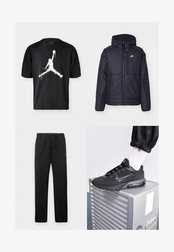 Zwarte, gewatteerde Nike-jas met een voorkant met ritssluiting en capuchon. Kenmerkt zich door een wit logo op de linkerborst en dubbele frontzakken. Gladde buitenkant.; Zwart katoen t-shirt met een grote, witte silhouet-afbeelding van een springende figuur met een basketbal in het midden van de borst.; Zwarte sweatpants van fleece, met een elastische tailleband met trekkoorden, twee voorzakken en een klein logo op de dij.; Nike Sportswear PULSE - Sneakers laag - black/anthracite