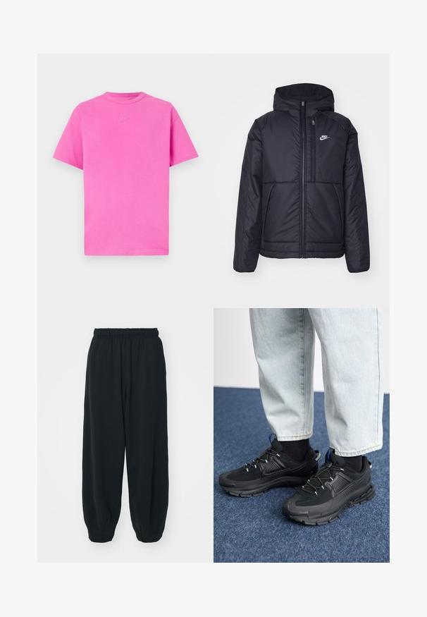 Black, padded Nike jacket with a front zipper and hood. Features a white logo on the left chest and dual front pockets. Smooth exterior texture.; Pink short-sleeve t-shirt made of cotton, featuring a crew neckline and a small white Nike logo embroidered on the chest.; Black, elasticated-waist sweatpants with a loose fit, cuffed ankles, smooth texture, and no visible patterns or hardware accents.; Black athletic shoes with textured fabric and rubber soles, featuring elastic laces and a blue accent on the heel. Worn with light denim pants.