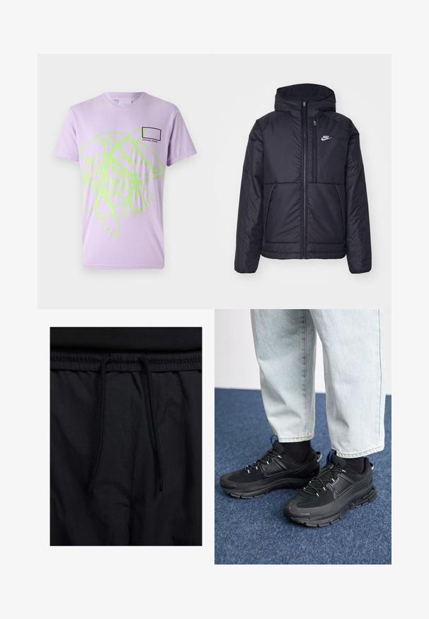 Juodas, paminkštintas Nike džemperis su priekyje užtrauktuku ir gobtuvu. Pasižymi balta logo kairėje krūtinės pusėje ir dviem priekinėmis kišenėmis. Su lygiu išoriniu paviršiumi.; Šviesiai levandų spalvos medvilninė marškinėliai su dideliu neono žaliais abstrakčiais raštais priekyje ir maža juoda stačiakampio formos dėžute su tekstu.; Juodos šortai su raišteliu juosmens srityje, lengva medžiaga su lygiu paviršiumi ir paprastas dizainas be matomų logotipų ar raštų.; Juodi sportiniai bateliai su tekstūruota medžiaga ir guminiais padais, su elastingomis raišteliais ir mėlynu akcentu ant kulno. Dėvimi su šviesiai mėlynomis džinsinėmis kelnėmis.