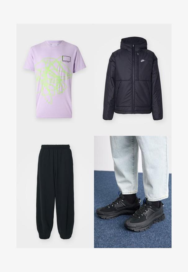 Svart, polstret Nike-jakke med frontglidelås og hette. Har en hvit logo på venstre bryst og doble frontlommer. Glatt ytterside.; Lys lavendel bomull t-skjorte med et stort neon grønt abstrakt design på forsiden og en liten svart rektangulær boks med tekst.; Sorte, joggebukser med elastisk liv, løs passform, mansjetter på ankler, glatt tekstur og uten synlige mønstre eller hardware-detaljer.; Svarte sportssko med teksturert stoff og gummisåler, med elastiske lisser og en blå detalj på hælen. Brukt med lyse denimbukser.