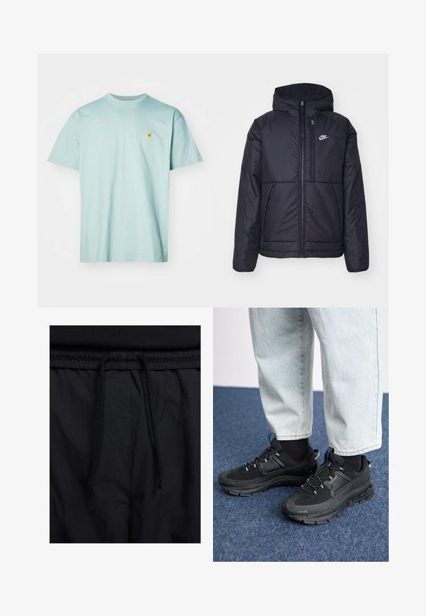 Black, padded Nike jacket with a front zipper and hood. Features a white logo on the left chest and dual front pockets. Smooth exterior texture.; Carhartt WIP CHASE - Basic T-shirt - frosted green/gold; Black shorts featuring a drawstring waistband, lightweight fabric with a smooth texture, and a simple design without visible logos or patterns.; Black athletic shoes with textured fabric and rubber soles, featuring elastic laces and a blue accent on the heel. Worn with light denim pants.