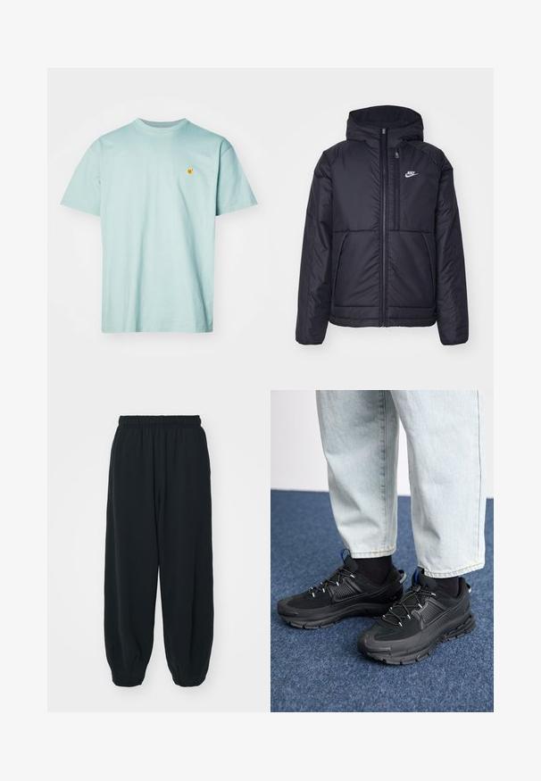 Must musta Nike jope, millel on ees lukuga avamine ja kapuuts. Vasakpoolne rind on kaunistatud valge logoga ning ees on kaks taskut. Sile välimine tekstuur.; Carhartt WIP CHASE - Lihtne T-särk - frosted green/gold; Mustade elastse vöökoha ja laia lõikega dressipüksid, mansetiga sääred, sile tekstuur ning ilma nähtavate mustrite või detailideta.; Mustad mustad jooksukingad, millel on tekstureeritud kangas ja kummist tallad, elastsed nöörid ning sinine aksent kandadel. Kandmine heledate teksadega.
