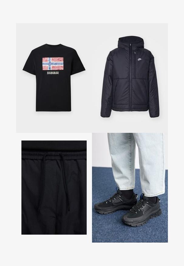 Casaco Nike preto, acolchoado, com fecho à frente e capuz. Apresenta um logo branco no lado esquerdo do peito e dois bolsos frontais. Textura exterior lisa.; T-shirt de algodão preta com um gráfico da bandeira norueguesa e linhas onduladas vermelhas e azuis. Logótipo "NAPAPIJRI" impresso abaixo do gráfico.; Calções pretos com um cós elástico ajustável, fabricados em tecido leve com uma textura suave e um design simples, sem logótipos ou padrões visíveis.; Sapatilhas desportivas pretas com tecido texturizado e solas em borracha, apresentando atacadores elásticos e um detalhe azul no calcanhar. Usadas com calças de ganga claras.