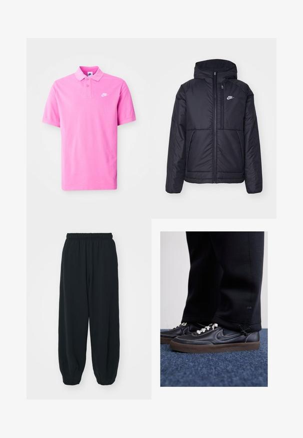 Casaco Nike preto, acolchoado, com fecho à frente e capuz. Apresenta um logo branco no lado esquerdo do peito e dois bolsos frontais. Textura exterior lisa.; Camisa polo rosa da Nike, mangas curtas, gola clássica, com abertura de botão duplo, com um logotipo branco no lado esquerdo do peito. Textura de tecido suave.; Calças de fato de treino pretas, com cintura elástica e um corte solto, com punhos nas pernas, textura suave e sem padrões visíveis ou detalhes de metal.; Nike Sportswear KILLSHOT 2 LTR PRM OPP2 - Sapatilhas - black sail baroque brown mtlc dk grey