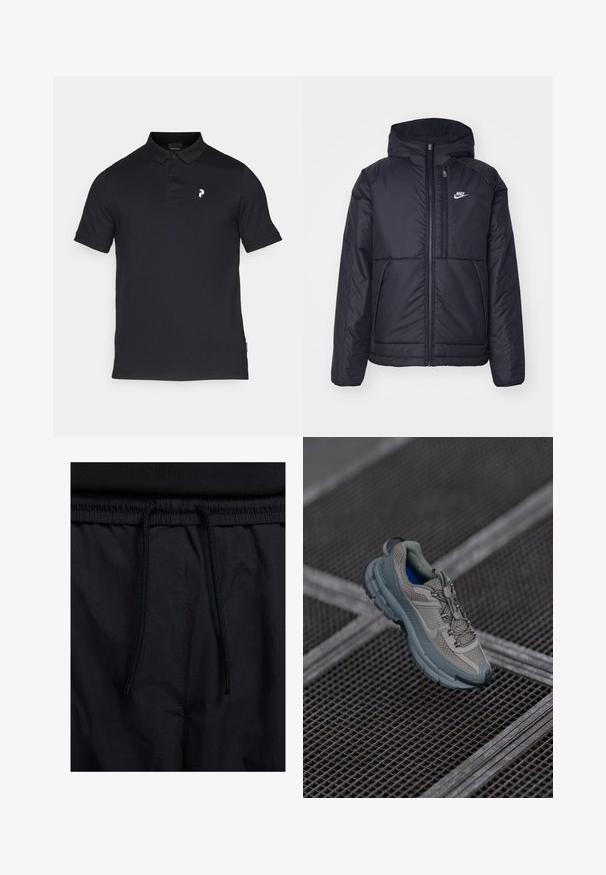 Must musta Nike jope, millel on ees lukuga avamine ja kapuuts. Vasakpoolne rind on kaunistatud valge logoga ning ees on kaks taskut. Sile välimine tekstuur.; Musthave mustapane särg, mis on valmistatud puuvillast, sisaldab kaelust, kolme nuppu ja väikest valget logo vasakul rinnal. Lühikesed varrukad, klassikaline lõige.; Mustad lühikesed püksid, millel on paelaga vöökoht, kerge kangas, mis on sileda tekstuuriga ning lihtne disain ilma nähtavate logode või mustriteta.; Beige ja hall sportlik king, millel on tekstuuriga võrkpealne, ümar nina ja kummist tald, varustatud paelte ja pehmendatud kraega.