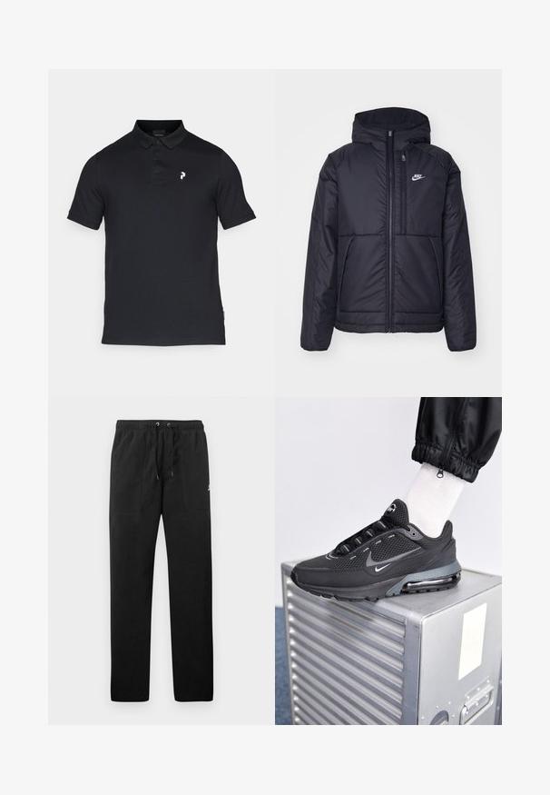 Czarna, pikowana kurtka Nike z przednim zamkiem błyskawicznym i kapturem. Posiada białe logo po lewej stronie klatki piersiowej oraz podwójne kieszenie z przodu. Gładka struktura zewnętrzna.; Czarna koszulka polo wykonana z bawełny, z kołnierzykiem, trzema guzikami i małym białym logo na lewej piersi. Krótkie rękawy, klasyczny krój.; Czarne spodnie dresowe z polaru, z elastycznym paskiem w talii ze sznurkiem, dwiema przednimi kieszeniami oraz małym logo na udzie.; Nike Sportswear PULSE czarny