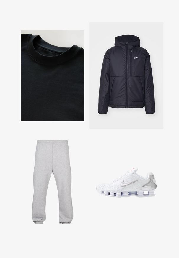 Chaqueta acolchada negra de Nike con cremallera frontal y capucha. Presenta un logo blanco en el lado izquierdo del pecho y dos bolsillos frontales. Textura exterior suave.; Camiseta negra de cuello redondo con un tejido suave y texturizado, mangas cortas y un escote liso. Diseño sencillo sin patrones ni estampados.; Pantalones de chándal grises hechos de una mezcla de algodón, con cintura elástica, piernas ajustadas y dobladillos acampanados. Diseño simple sin patrones.; Zapatilla deportiva blanca con una parte superior de malla texturizada, logotipo de Nike plateado, cuello acolchado y una única suela de plástico transparente con muelles.