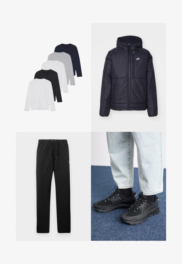 Crna Nike jakna s podstavom, dugmadi sprijeda i kapuljačom. Ima bijeli logotip na lijevoj strani prsnog koša i dva prednja džepa. Glatka vanjska tekstura.; Pet dugih majica s dugim rukavima u bijeloj, crnoj, tamnoplavoj, sivoj i svijetlosivoj boji. Izrađene od mekog materijala, imaju okrugle izreze i rebraste manžete.; Crne trenirke od flisa, s elastičnim pojasom i vezicama, dva prednja džepa i mali logo na butini.; Crne atletske cipele s teksturiranom tkaninom i gumene potplate, s elastičnim vezicama i plavim akcentom na peti. Nosene su s svijetlim trapericama.
