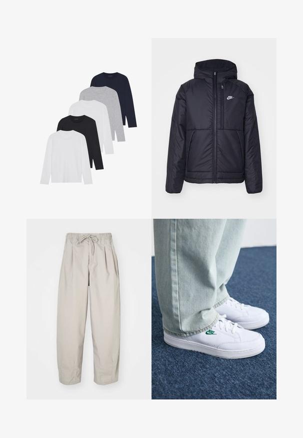 Μαύρο, επενδυμένο μπουφάν Nike με μπροστινό φερμουάρ και κουκούλα. Διαθέτει λευκό λογότυπο στο αριστερό στήθος και διπλές μπροστινές τσέπες. Λείο εξωτερικό υλικό.; Πέντε μακρυμάνικες μπλούζες σε λευκό, μαύρο, σκούρο ναυτικό, γκρι και ανοιχτό γκρι. Φτιαγμένες από απαλό ύφασμα, με στρογγυλές λαιμικές και ριμπ μανσέτες.; Μπεζ, ελαφριά παντελόνια με ελαστική μέση και κορδόνι. Διαθέτουν πτυχώσεις και άνετη εφαρμογή, κατασκευασμένα από μαλακό, λείο ύφασμα.; Λευκά δερμάτινα sneakers με πράσινο λογότυπο Nike, στρογγυλή μύτη, επίπεδη σόλα, συνδυασμένα με ανοιχτό μπλε τζην παντελόνι, τοποθετημένα σε μπλε χαλί.