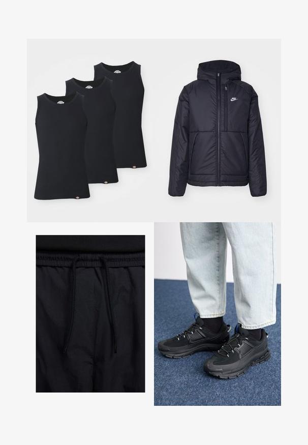 Casaco Nike preto, acolchoado, com fecho à frente e capuz. Apresenta um logo branco no lado esquerdo do peito e dois bolsos frontais. Textura exterior lisa.; T-shirts de alças pretas com textura canelada, em pacote de três. Apresenta um decote redondo e design sem mangas, com um pequeno logotipo na bainha. Textura suave.; Calções pretos com um cós elástico ajustável, fabricados em tecido leve com uma textura suave e um design simples, sem logótipos ou padrões visíveis.; Sapatilhas desportivas pretas com tecido texturizado e solas em borracha, apresentando atacadores elásticos e um detalhe azul no calcanhar. Usadas com calças de ganga claras.