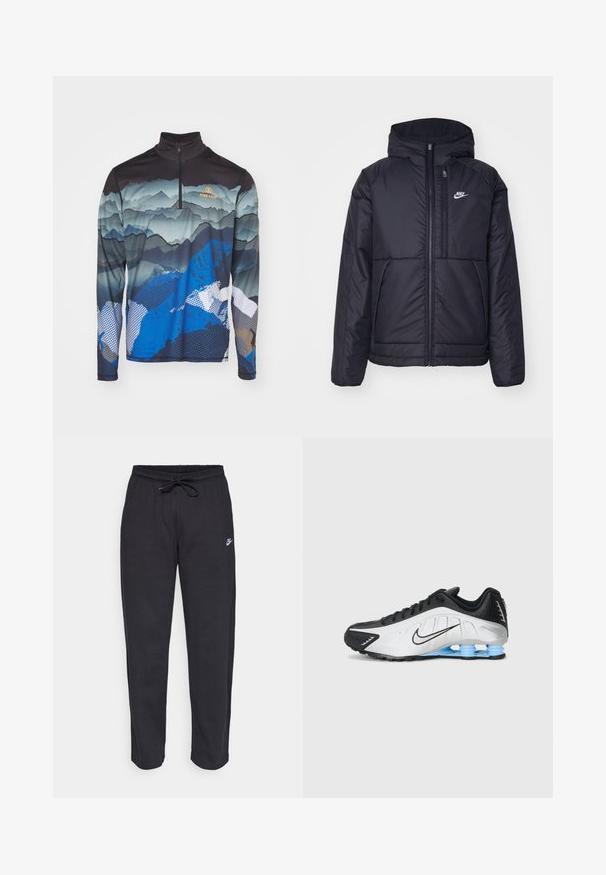 Zwarte, gewatteerde Nike-jas met een voorkant met ritssluiting en capuchon. Kenmerkt zich door een wit logo op de linkerborst en dubbele frontzakken. Gladde buitenkant.; Bogner Fire + Ice PASCAL - Longsleeve - multicolor; Zwarte sweatpants van zacht stof met een elastische tailleband, trekkoord en een klein Nike-logo op de linker bovenbeen.; Nike hardloopschoenen met een zwart-witte synthetische bovenkant, een gestructureerd ontwerp en een blauwe rubberen zool met schokabsorberende kolommen.