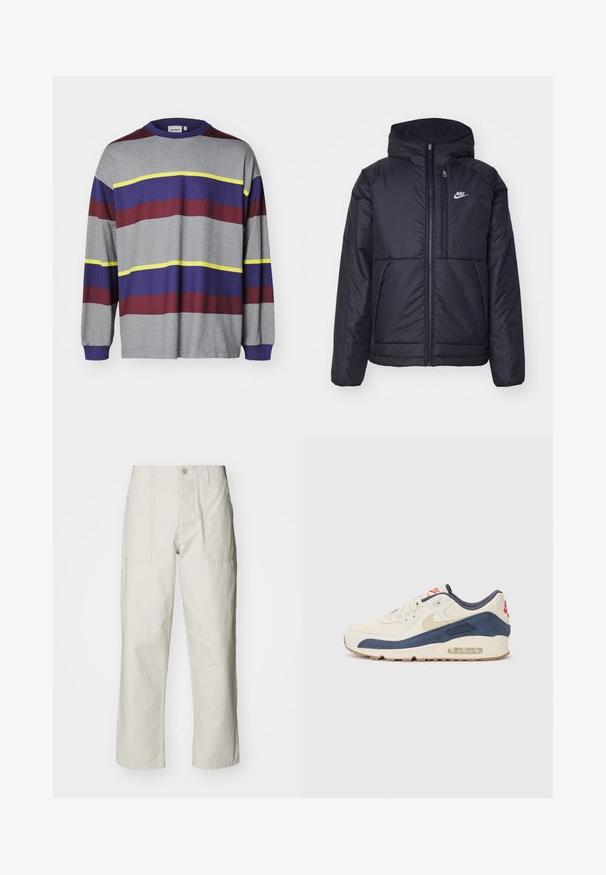 Melna, pufota Nike jaka ar priekšējo rāvējslēdzēju un kapuci. Iezīmēta ar baltu logotipu uz kreisās krūtis un divām priekšējām kabatām. Gluda ārējā tekstūra.; Garā piedurkņu pelēka krekla ar horizontālām svītrām vínogulājā, purpurā un dzeltenā krāsā. Apaļa kakla izgriezums un ribotas aproces. Gluda tekstūra.; Gaiši bežs platā kāju bikses, izgatavotas no kokvilnas. Iekļautas priekšējās kabatas un pogu aizdare. Gluda tekstūra ar smalkām vertikālām līnijām.; Apavi ar krēmīgu ādas un tumši zilu zamša augšdaļu, ar redzamu gaisa zoli, bēša gumijas zoli un sarkanu akcentu uz papēža.