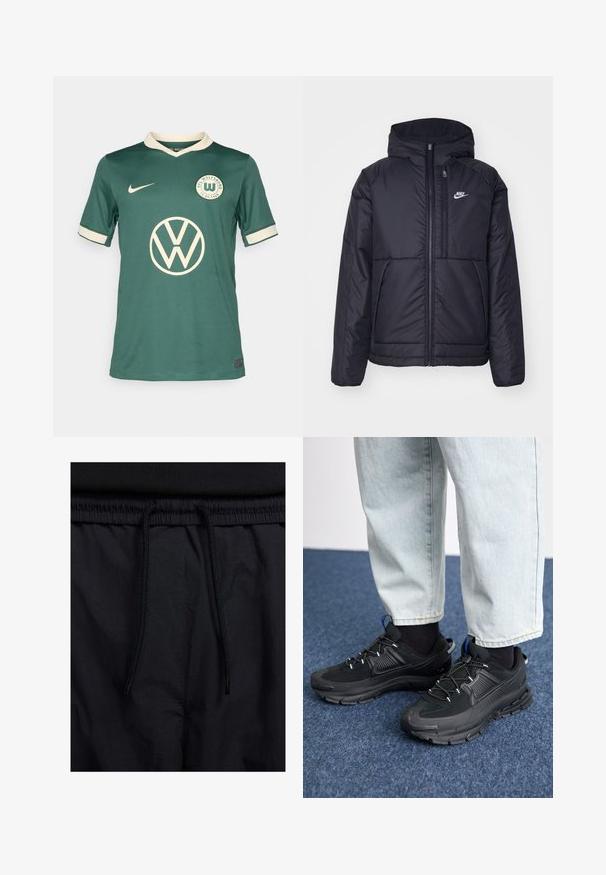 Casaco Nike preto, acolchoado, com fecho à frente e capuz. Apresenta um logo branco no lado esquerdo do peito e dois bolsos frontais. Textura exterior lisa.; Camisa desportiva verde feita de tecido respirável, com um colarinho e acabamentos nas mangas em branco. Apresenta um logótipo proeminente da Volkswagen e o emblema do clube.; Calções pretos com um cós elástico ajustável, fabricados em tecido leve com uma textura suave e um design simples, sem logótipos ou padrões visíveis.; Sapatilhas desportivas pretas com tecido texturizado e solas em borracha, apresentando atacadores elásticos e um detalhe azul no calcanhar. Usadas com calças de ganga claras.