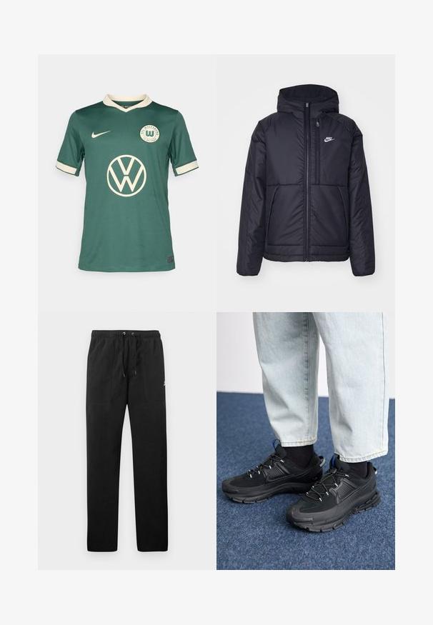 Svart, polstret Nike-jakke med frontglidelås og hette. Har en hvit logo på venstre bryst og doble frontlommer. Glatt ytterside.; Grønn sportsdrakt laget av pustende stoff med hvit krage og ermeakenter. Har en fremtredende Volkswagen-logo og klubbmerke.; Sorte joggebukser laget av fleece, med elastisk liv med snøring, to frontlommer og en liten logo på låret.; Svarte sportssko med teksturert stoff og gummisåler, med elastiske lisser og en blå detalj på hælen. Brukt med lyse denimbukser.