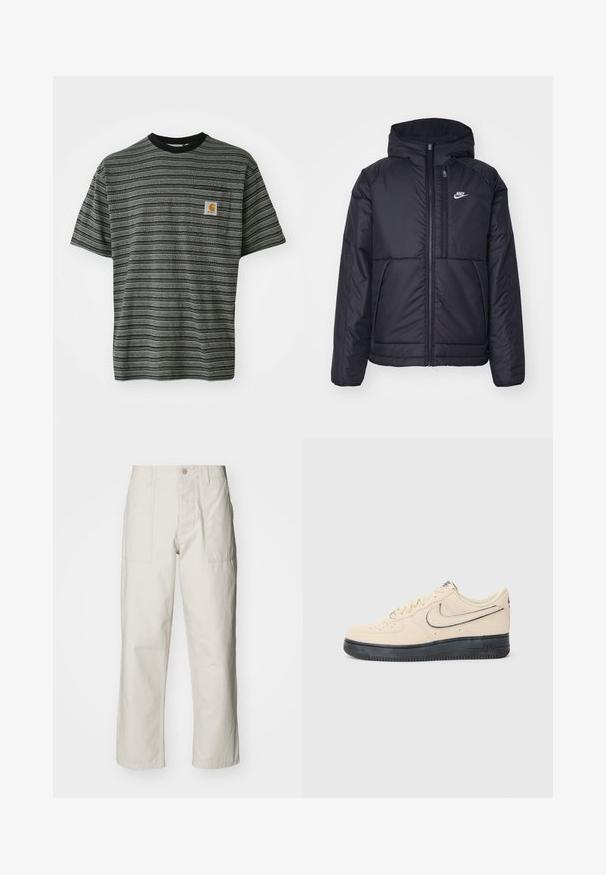 Black, padded Nike jacket with a front zipper and hood. Features a white logo on the left chest and dual front pockets. Smooth exterior texture.; Striped short-sleeve t-shirt in gray and black, featuring a crew neck and a small logo patch on the chest. Soft, textured fabric.; Light beige wide-leg pants made of cotton. Features front pockets and a button closure. Smooth texture with subtle vertical lines.; Beige suede Nike Air Force 1 sneaker with a black rubber sole, stitched accents, perforated toe, and a prominent swoosh logo.